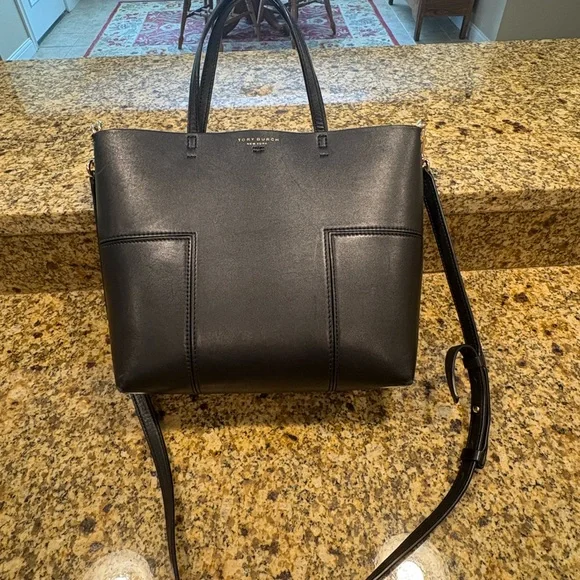 Tory Burch Block T Mini Tote Bag Black Leather 2-way Crossbody Handles - Picture 2 of 16